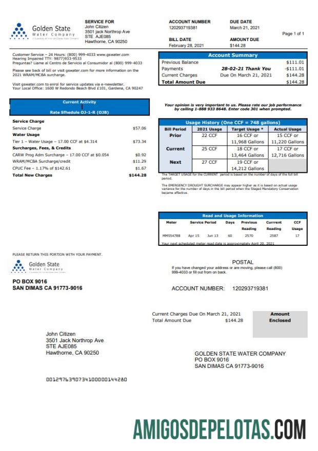 Em branco modelo de conta de serviços públicos da Golden State Water Company dos EUA, Califórnia, em formato .doc e .pdf